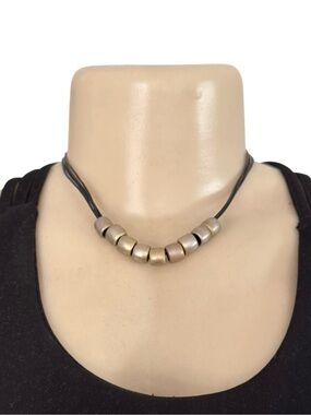 Y2K‎ 90s Chunky Silver Metallic Bead Choker Necklace Leather Multi-strand Cord